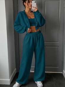 INAWLY Women's Solid Color Zip Front Hoodie And Pants Casual 2 Pieces Set, Autumn - Teal Blue - View 1