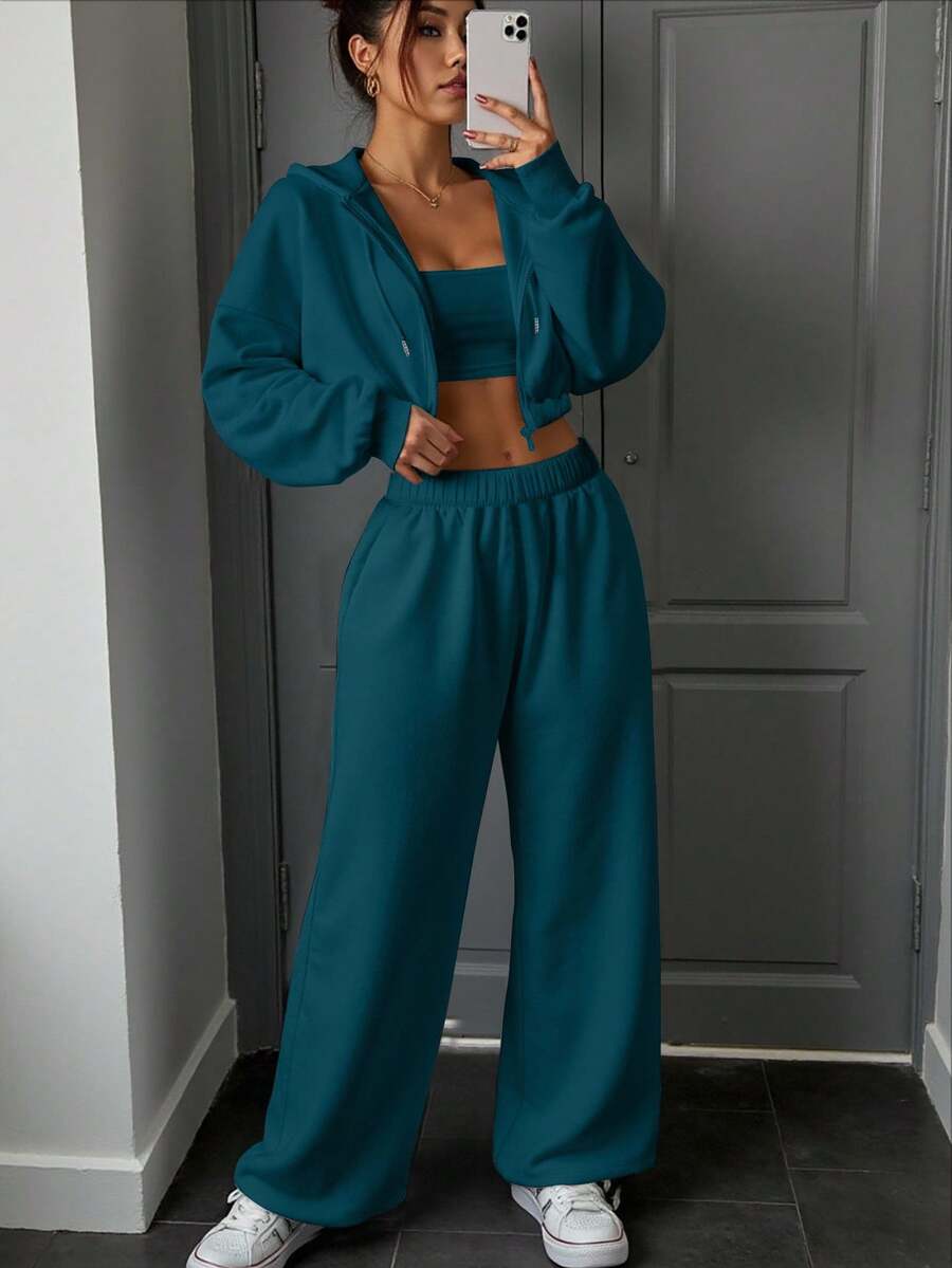 INAWLY Women's Solid Color Zip Front Hoodie And Pants Casual 2 Pieces Set, Autumn - Teal Blue - View 1