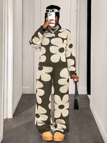 BamGleam 2 件套女式花卉图案圆领长袖毛衣上衣和裤子套装 - 卡其色 - 查看 6