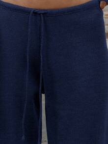 MUSERA Low Rise Drawstring Waist Rib Knit Wide Leg Casual Trousers Airport Holiday Vacation Summer Beach Fall Autumn Winter Everyday Christmas Work Office Thanksgiving Chic