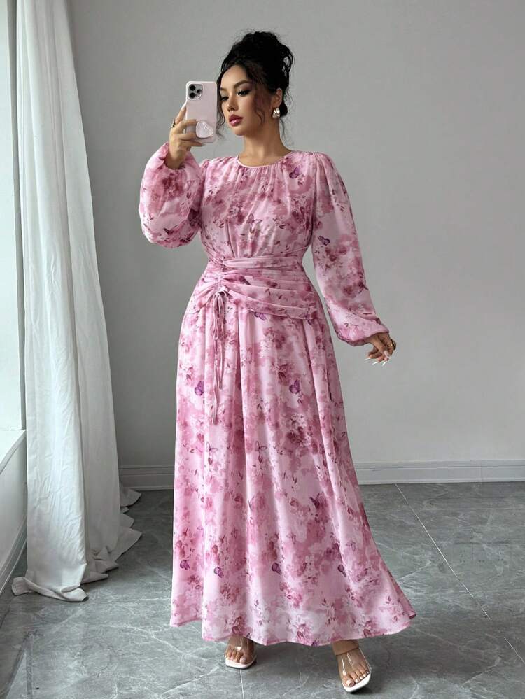 Modelyn Chiffon Butterfly Print Ruched Round Neck Long Sleeve Dress Dress Modest Pink Floral Dress Feminine Dress Floral Dress - Multicolor - View 6