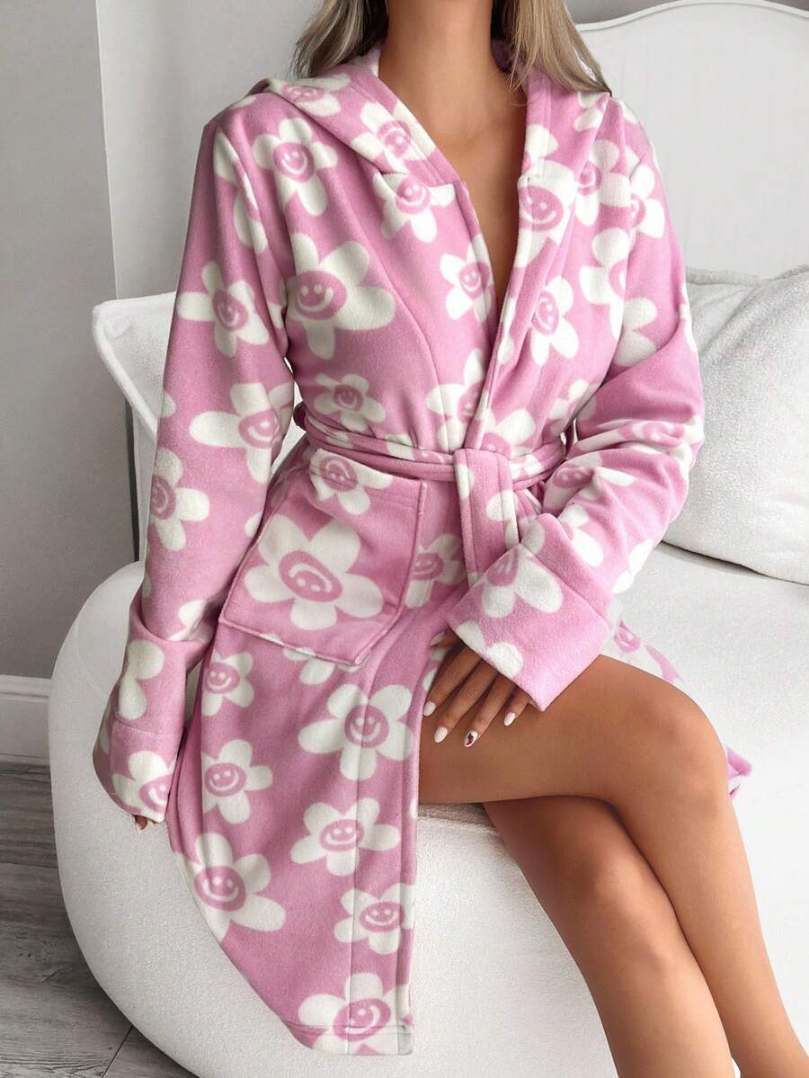 EURMUSE Flower&Smile Print Dual Pocket Hooded Belted Robe - Pink - View 1
