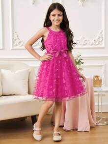 Tween Girls' Elegant Halter Neck Patchwork Mesh Dress - Hot Pink - View 1