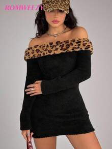 Teen Girl Black Autumn Fluffy Leopard Print Off-Shoulder Snug Fit Dress,Soft Warm Techno Party Rave Dress,Stylish Fitted Winter Silhouette Outfit - Black - View 1