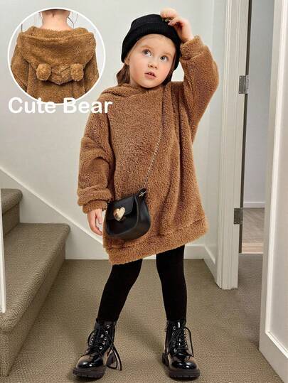 SHEIN 年轻女孩可爱棕色蓬松毛衣可爱小熊帽子小熊耳朵毛衣舒适温暖毛衣蓬松长袖连帽衫大蓬松棕色毛衣儿童秋冬款式连衣裙，适合休闲、日常穿着、上学、大学风格、返校季、派对