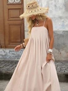 Brillora 纯色编织宽松细肩带连衣裙，女式，夏季 - 杏色 - 查看 7