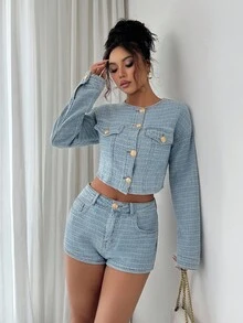 Siren Gaze Women's Light Blue Denim Suit Elegant Long-Sleeved Small Jacket + Mini Shorts French Exquisite Jacquard Denim Autumn And Winter Ins Wear - Medium Wash - View 1