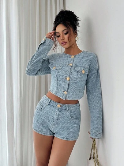 Siren Gaze Women's Light Blue Denim Suit Elegant Long-Sleeved Small Jacket + Mini Shorts French Exquisite Jacquard Denim Autumn And Winter Ins Wear