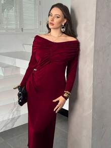 Modelyn Plus Size Women Elegant Off Shoulder Ruched Waist Long Sleeve Dress With Metallic Decor - Burgundy - View 4