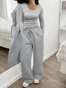 SHEIN EZwear 2pcs Women Solid Color Round Neck Long Sleeve T-Shirt And Pants Set - Grey - View 6