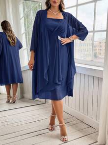 Ellevyn Conjunto elegante de chaqueta de manga 3/4 de frente abierto y vestido con tirantes gruesos para mujer de talla grande de unicolor - Azul Marino - Ver 3