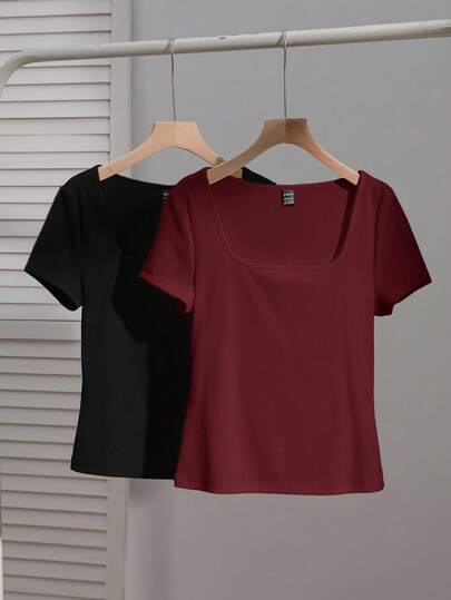 SHEIN EZwear 2 件套女士方领短袖休闲修身性感 T 恤，黑色和酒红色，适合夏季