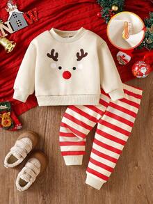 SHEIN Playful Pals 2pcs/Set Baby Boy Christmas Themed Sweatshirt With Applique Embroidery & Striped Allover Print Sweatpants, Suitable For Autumn/Winter Daily Wear, Outings, Parties/Christmas Clothes Outfit Fall