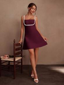 SHEIN Unity Váy ôm sát thân dây mảnh đính ngọc trai trắng thanh lịch, váy dạ hội tối giản sang trọng cho mùa hè, bãi biển, lễ hội, ngày lễ, những dịp gợi cảm - Màu Đỏ Sâu - Xem 5