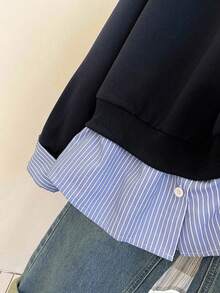 INAWLY 新款宽松时尚翻领二合一条纹长袖衬衫女式运动衫