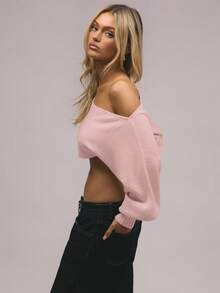 MUSERA 泡泡袖针织露肩上衣，优雅春假可爱性感90年代夏日甜美风，Y2K风格，适合伊比沙岛假日音乐节、冬季日常晚装等各种场合。 - 粉色 - 查看 2