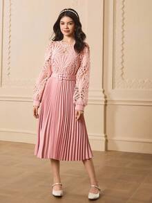 少女圆领长袖蕾丝拼布褶皱优雅派对连衣裙，适合万圣节、圣诞节 - 粉色 - 查看 3