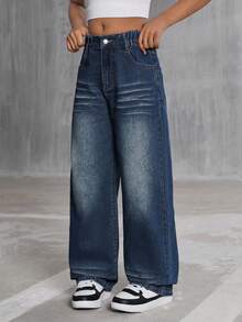 Tween Girls' Comfortable & Versatile Street Style Washed Dark Blue Distressed Loose Waist Jeans Fall Winter - Dark Wash - View 4