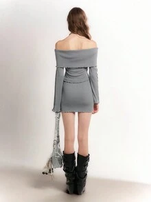 Bloopia 复古休闲街头风露肩修身针织上衣，适合秋冬季和万圣节的女性 - 灰色 - 查看 2