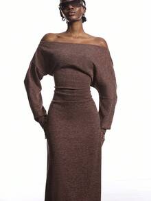 LYSMO 女式纯色不对称肩长袖褶皱休闲连衣裙 - 棕色 - 查看 6