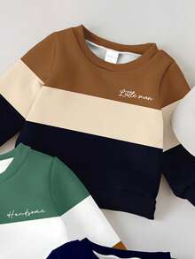 SHEIN 3 件套年轻男孩休闲短袖时尚酷炫经典色块拼布图案印花柔软针织圆领套头衫，适合秋冬季，校园风格 - 彩色 - 查看 4