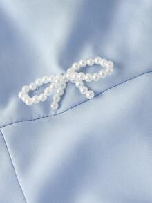 SHEIN MOD 全新大码女式复古水晶链蓝色露背中长连衣裙，优雅适合派对、宴会、音乐节、女生聚会、节日 - 藍色 - 查看 3