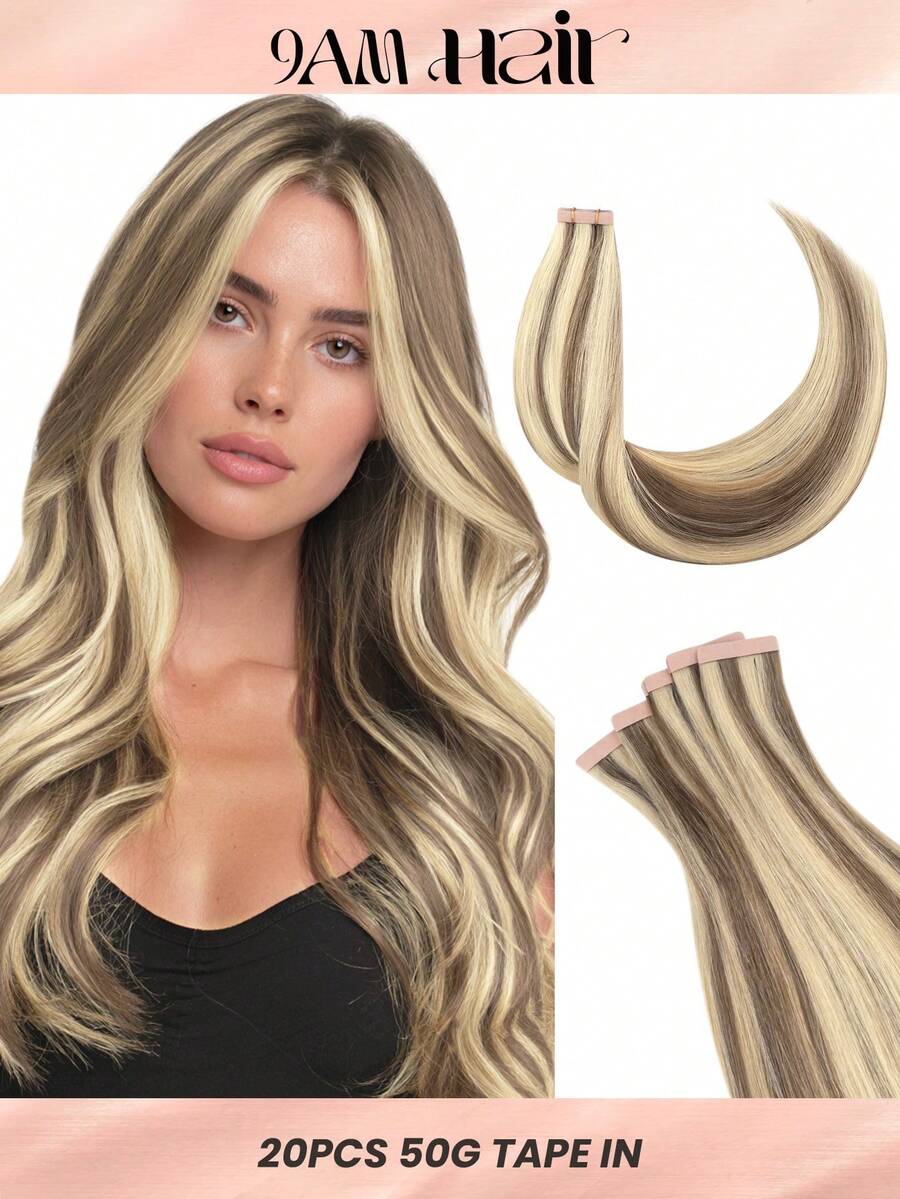 20PCS Straight Tape In Human Hair Extensions 100% Real Remy Human Hair 14-24inches Natural High Quality 50G/Pack For Salon Silky Seamless Invisible PU Tape In Hair Extensions