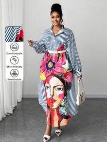 Maweii Plus Size Women's Casual Abstract Portrait & Striped Print Shirt Collar Side Slit Puff Sleeve Maxi Party Dress, Suitable For Back To School Season