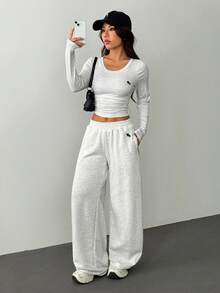 SHEIN PETITE 女士灰色刺绣细节长袖两件套家居服套装 - 灰色 - 查看 10