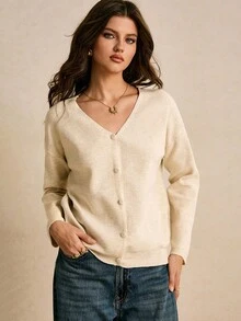 Áo len cardigan dệt kim đơn hàng ngày tay dài màu trơn dành cho nữ, mùa thu - Màu be - Xem 3