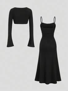 Sweetra 2 件女式休闲街头风格罗纹长袖开衫和修身褶边蕾丝吊带裙套装，黑色，保暖内衬，适合春季、秋季、冬季 - 黑色 - 查看 2