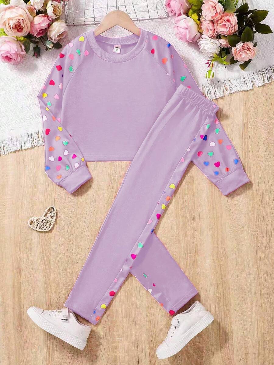 Set de 2 piezas: Sudadera con corazón y estampado floral + Leggings para niñas preadolescentes, otoño e invierno - Morado - Ver 1