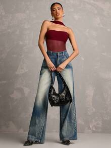 SHEIN BAE 女士纯黑色无肩带透视性感连体衣，适合音乐节、演唱会、派对、度假、日常穿着、庆祝活动、街头活动、节日装扮 - 酒紅色 - 查看 4