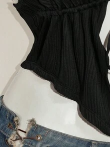 SHEIN ICON Y2K 休闲哥特风黑色性感纯色露背系带无袖上衣 - 黑色 - 查看 7