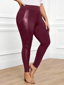 Miaspire Plus Size Women's PU Leather Splice Leggings,Fall/Winter - Burgundy - View 5