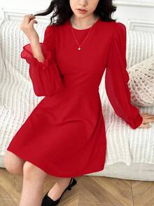 Elegante abito a maniche lunghe con collo rotondo, in maglia tinta unita rossa e patchwork in chiffon, adatto per casual, scuola, ritorno a scuola, occasioni di festa in autunno/inverno