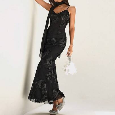 Women's Textured Mesh Fabric Scarf Neck Mermaid Maxi Dress