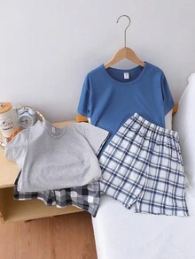 SHEIN 4pcs/Set Boys' Casual Solid Color Short Sleeve Top And Plaid Shorts Loungewear Set, Comfortable And Loose Fit - Grey - View 4