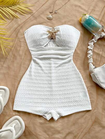 Soleia Plus Size Resort Beach Vacation White Jacquard Knit Textured Fabric Metal Accent Bandeau Jumpsuit