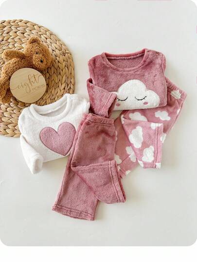 SHEIN 新生儿休闲可爱图案圆领长袖上衣和裤子睡衣套装，秋冬
