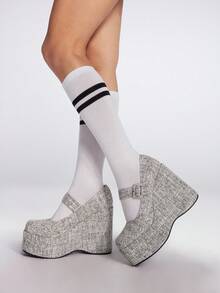 Sugerpunk Women's Round Toe Platform Thick Sole Fashion Simple Black & White Buckle Strap Casual Shoes