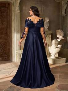 Aureia Đầm maxi dáng chữ A dài tay, trễ vai, chất liệu satin co giãn, sang trọng, thêu ren tinh tế, cỡ lớn, thích hợp cho đám cưới, tiệc tùng, kỳ nghỉ, dạ hội, ngày Valentine. - Màu xanh hải quân - Xem 4