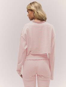 MUSERA 短款条纹长袖圆领宽松T恤，复古乡村风，可爱田园风，休闲居家上衣，女士奶油糖色，适合冬季、春夏和复活节穿着。 - 粉色 - 查看 3