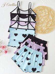 6 件套 Tween 女童多色吊带背心和短裤，包括：纯紫色配黑色心形、黑色底色配粉色心形、牛仔蓝绿色配黑色心形，可调节金属扣，非常休闲舒适的材料 - 彩色 - 查看 1