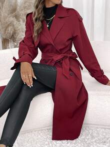 SHEIN Clasi 女士圣诞节，优雅插肩袖双排扣腰带酒红色长款风衣，秋冬季万圣节圣诞节女士冬季风衣 - 酒紅色 - 查看 4