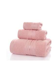 SHEIN Set de 3 piezas de toallas suaves y absorbentes de unicolor moderno: 1 toalla de mano, 1 toalla de baño, 1 toalla de baño, decoración de baño unisex para el verano - Rosa - Ver 8