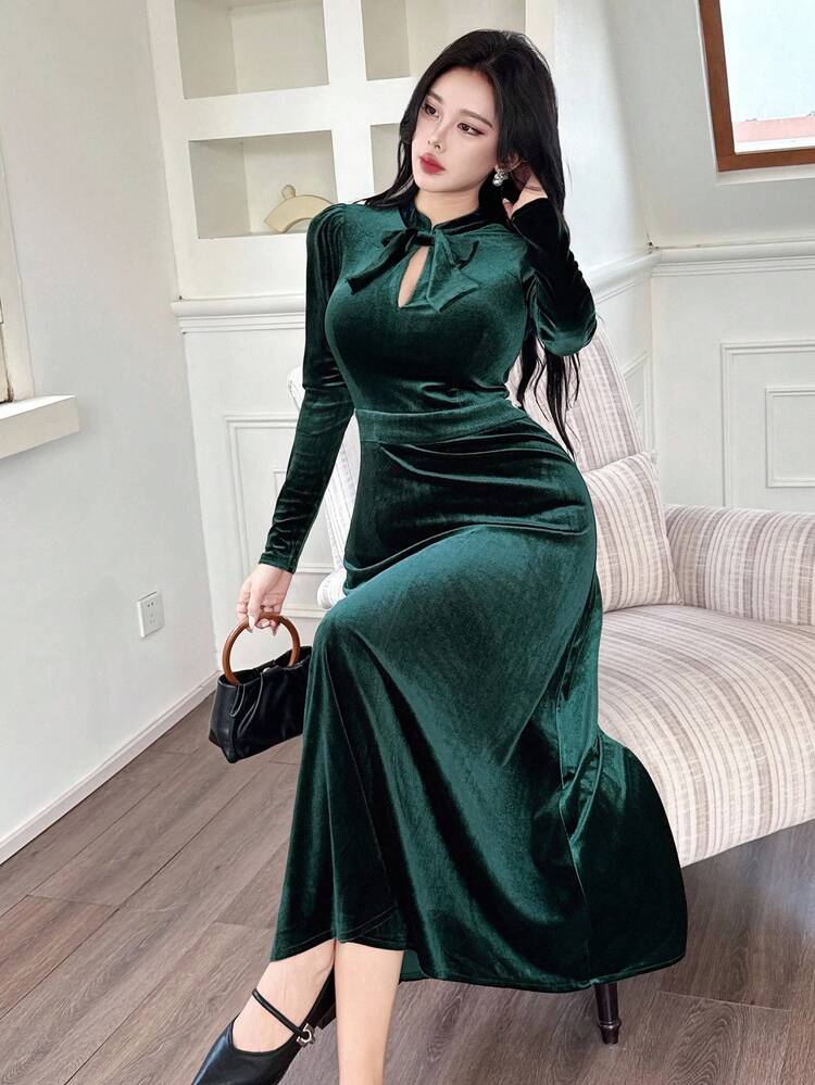 Elegant Solid Color Bowknot Midi Dress For Women, Autumn