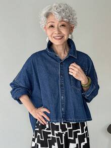 FRIFUL Women's Autumn Dropped Shoulder Long Sleeve Single-Breasted Pocket Casual Loose Denim Jacket Denim Jumper Blue Graphic Shirt Oversized Jean Jacket Cropped Denim Jacket Plus Size Denim Jackets