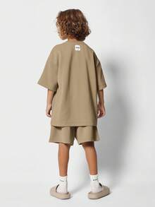 SUMWON Oversized Drop Shoulder Co Ord Set Wear Drawstring Shorts Minimalist Streetwear Relaxed Fit Comfort Youth Summer Outfit - Khaki - View 2