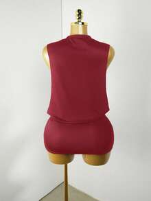 Mistrie 新款秋季星星印花迷你连衣裙，性感镂空拼色设计女裙 - 酒紅色 - 查看 2